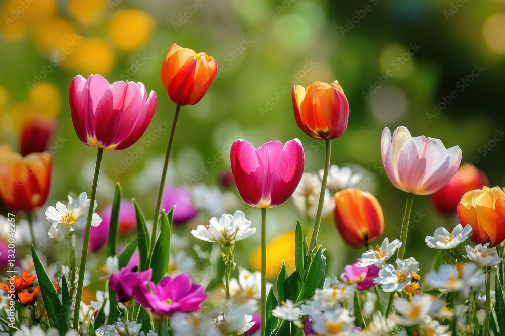 Colorful tulips blooming in a sunny spring garden Colorful tulips blooming in a sunny spring garden