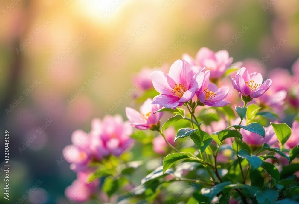 Pink flowers blooming in spring with warm sunset light illuminating petals Pink flowers blooming in spring with warm sunset light illuminating petals