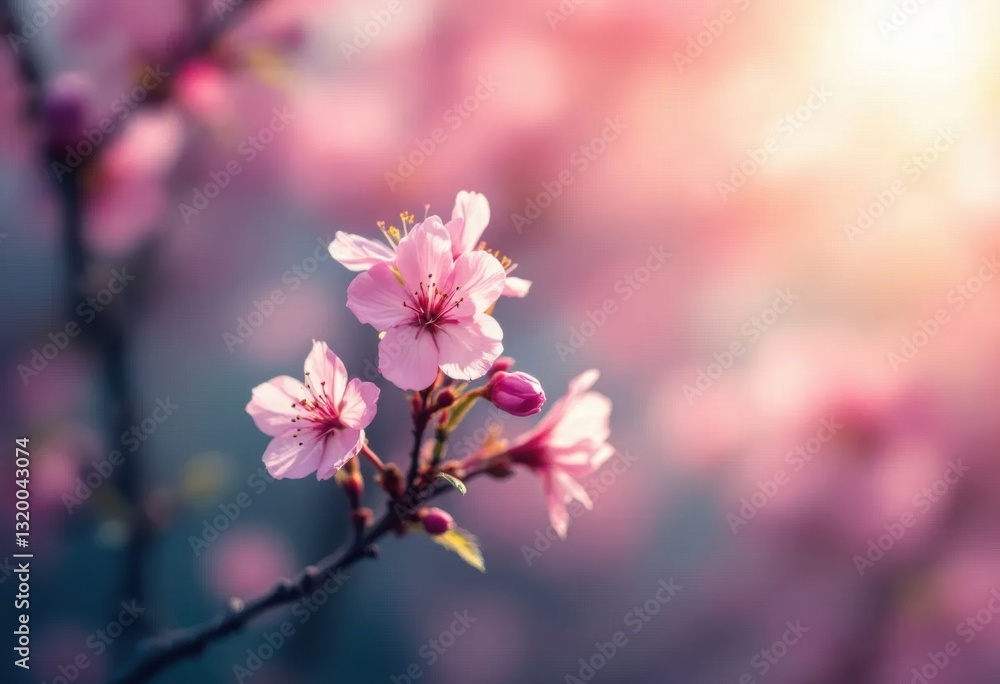 Pink cherry blossom flowers blooming on branch at sunset Pink cherry blossom flowers blooming on branch at sunset