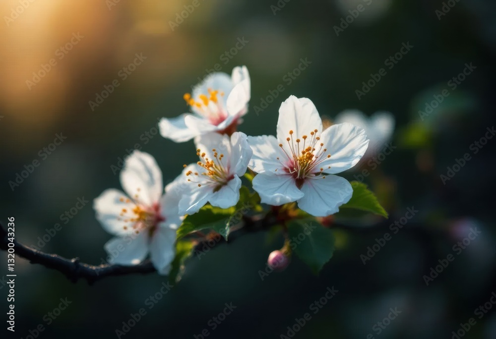 Obraz premium White cherry tree flowers blooming at sunset in springtime