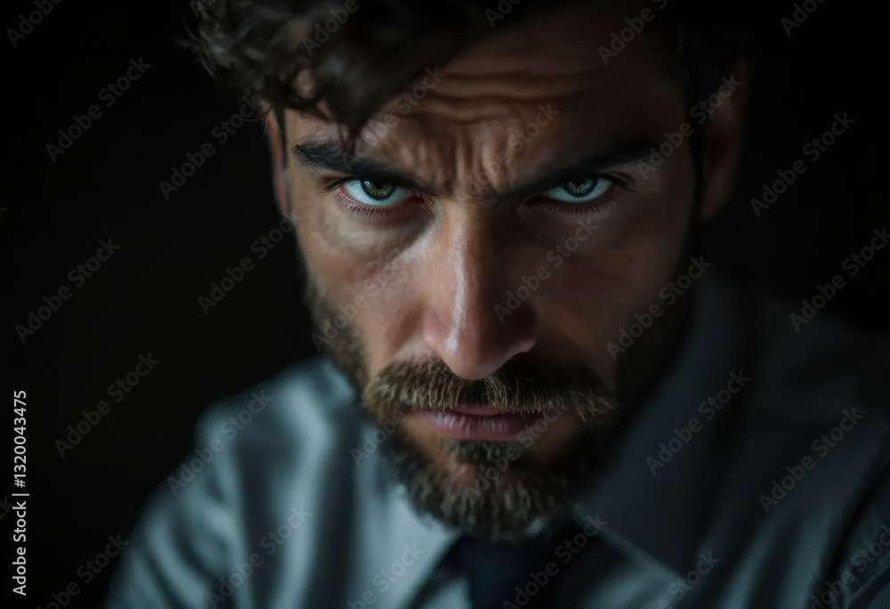 Obraz premium Serious businessman with a menacing stare looking intensely in the shadows