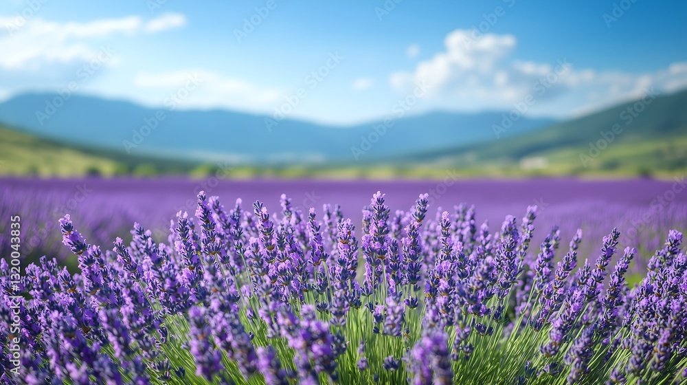 Naklejka premium Lavender field in full bloom under clear blue sky with distant mountains on a sunny day