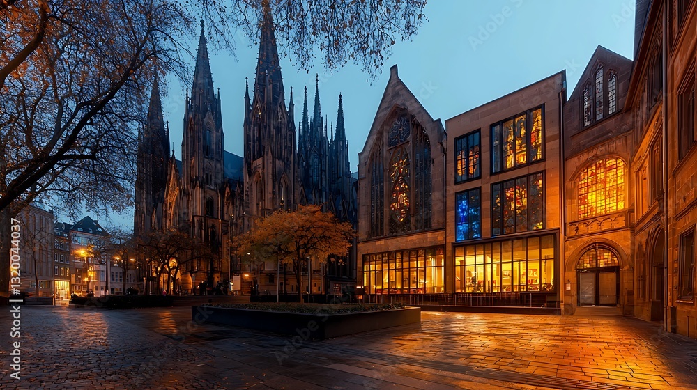 Fototapeta premium Gothic Cathedral and Modern Building at Dusk