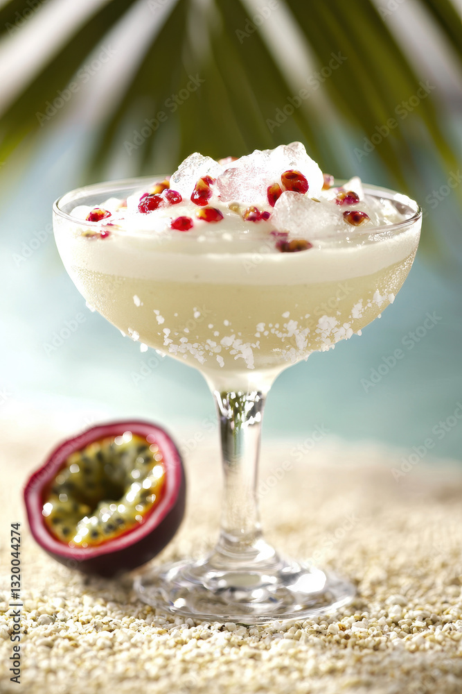 Refreshing Cocktail with Passion Fruit Garnish on a Tropical Beach Refreshing Cocktail with Passion Fruit Garnish on a Tropical Beach
