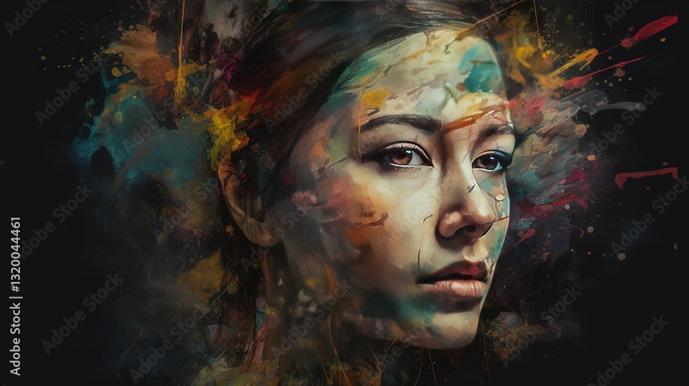 Abstract Portrait: A woman's face rendered with vibrant colorful paint splatters Abstract Portrait: A woman's face rendered with vibrant colorful paint splatters