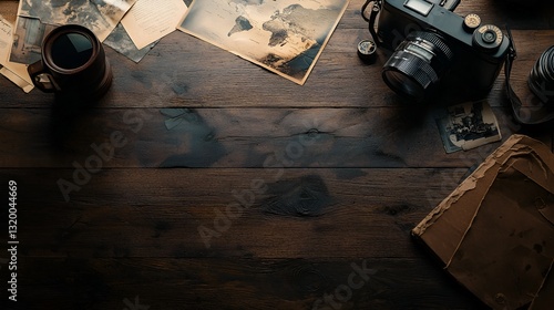 Vintage camera, photos, coffee on dark wooden table; nostalgic display