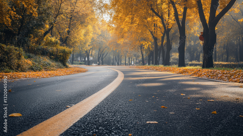 Fototapeta premium Serene Autumn Road Surrounded by Vibrant Yellow and Orange Foliage