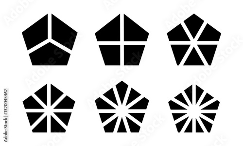 Pentagon shapes separated into segments from 3 to 12 isolated on white background. Geometric form with 5 borders cut in equal slices. Diagram or pie chart templates. Vector graphic illustration.