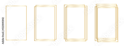 Collection of golden rectangle frames. Bright rectangular borders, shiny decorative frameworks, design elements for banners or greeting cards isolated on white background. Vector illustration.