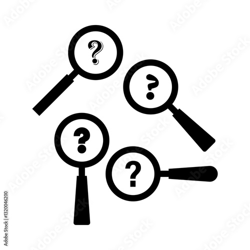 Magnifying glass icon. Question mark focus. Search inquiry sign. Black vector symbol.