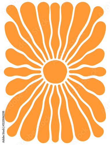 Groovy sun background. Wavy orange sunny rays. Sunburst, sunrise or sunset poster. Summer theme vertical wallpaper. Modern psychedelic print. Happy positive vibes concept. Vector flat illustration.