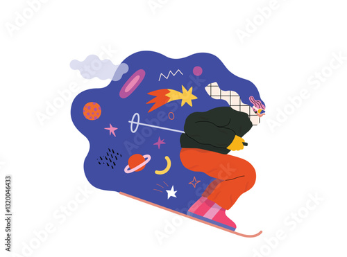 Life Unframed: Cosmic skier -modern flat vector concept illustration of a man skiing in the space. Metaphor of unpredictability, imagination, whimsy, cycle of existence, play, growth and discovery