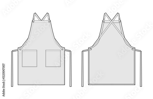 Aprons Cross-Back straps technical fashion illustration. Chef uniform for cooking Flat sketch outline apparel template front, back view. Women, men unisex CAD mockup isolated on white background