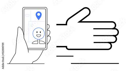 Smartphone with GPS marker and happy face held in hand alongside motion lines depicting a moving hand. Ideal for navigation, technology, communication, apps, user interface, social media, flat simple