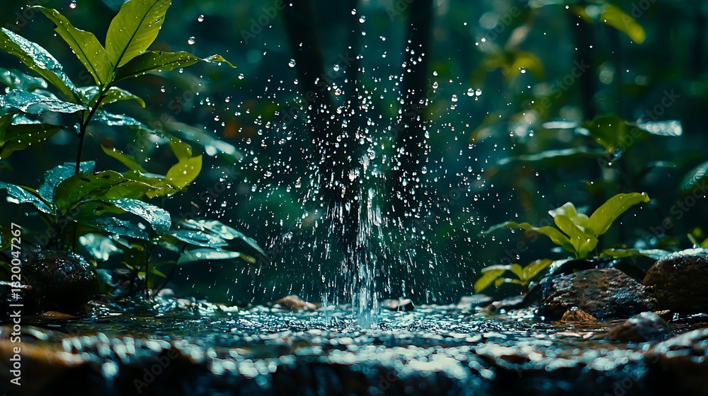 Fototapeta premium Water Droplets Splashing in Lush Greenery