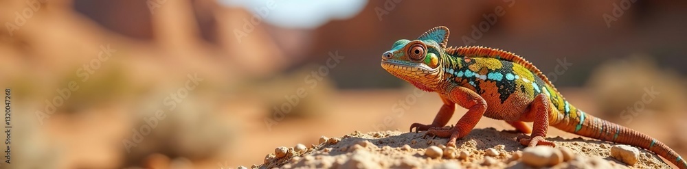 Fototapeta premium Chameleon camouflaged on dry shrub, arid landscape , shrub, arid, parched