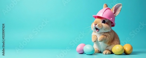 Happy Easter bunny, pink hard hat, colorful eggs, blue background, cartoon, vector