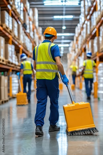 Cleaning staff in a logistics warehouse using bio-degradable cleaning agents, eco-conscious sanitation, green and blue tones