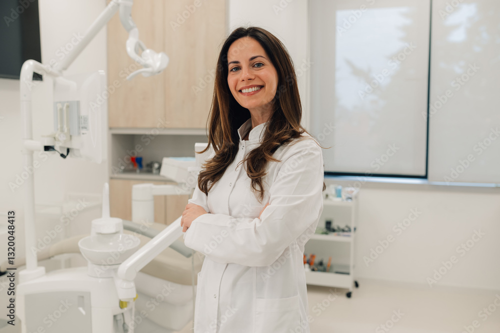 Portrait of smiling dentist posing in her modern clinic Portrait of smiling dentist posing in her modern clinic