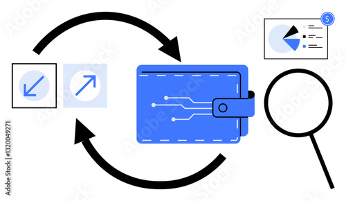 Digital wallet with arrows symbolizing transfer, magnifying glass for analysis, and pie chart for statistics. Ideal for finance, fintech, data, analysis, money management, technology flat simple
