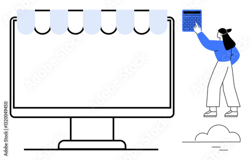 Desktop computer with storefront awning and a woman holding a calculator. Ideal for e-commerce, online business, calculations, financial planning, entrepreneurship, digital marketing, small business