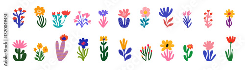 Flowers llustration set. Modern botanical papercut style with playful vibrant colors, inspired by children’s drawing and naive art. Scandinavian poster, wallpaper, textile, and boho design.