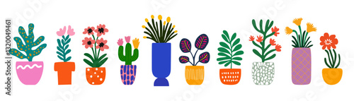 Plants in pots llustration set. Modern botanical illustration with succulents, flowers papercut style with playful vibrant colors, inspired by children’s drawing and naive art