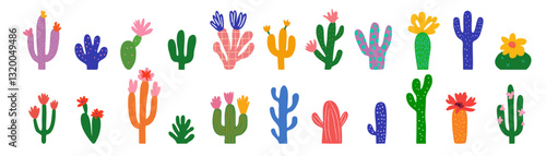 Abstract cactus and succulents illustration set. Modern botanical papercut style with playful cacti patterns and vibrant colors, inspired by children’s drawing and naive art