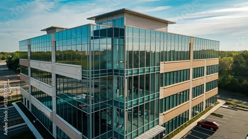 Aerial view of a modern building complex showcasing sleek architectural design, sharp geometric lines, and reflective glass surfaces, surrounded by urban landscape and greenery.  

