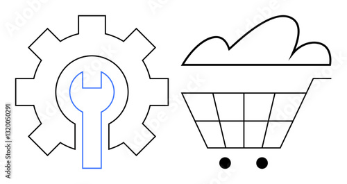 Gear with wrench symbolizes repair and optimization. Shopping cart highlights e-commerce and retail business. Ideal for commerce, technology, digital economy, repair services, online shopping