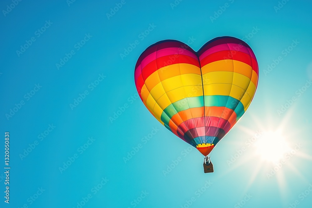 Fototapeta premium Colorful heart shaped hot air balloon flying in a bright blue sky with sun rays