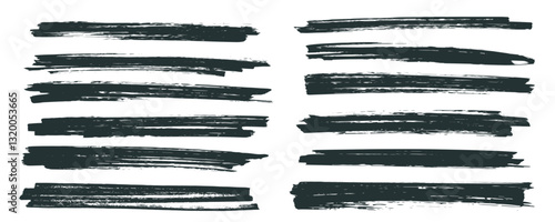 Brush stroke, bold black marker line on transparent background. Underline background texture. Vector dry brush or ink pen lines.