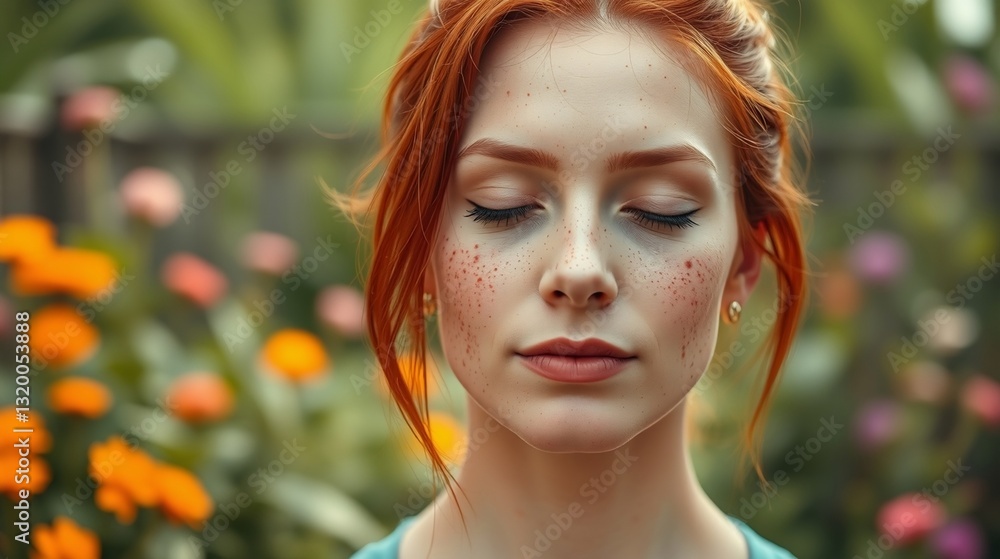 Serene Young Woman with Freckles in a Colorful Flower Garden Serene Young Woman with Freckles in a Colorful Flower Garden