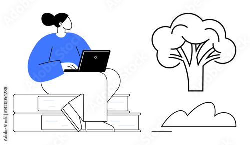 Woman with laptop sits on stacked books, alongside tree and cloud shapes. Ideal for education, online learning, sustainability, creativity, growth, knowledge sharing self-improvement. Flat simple