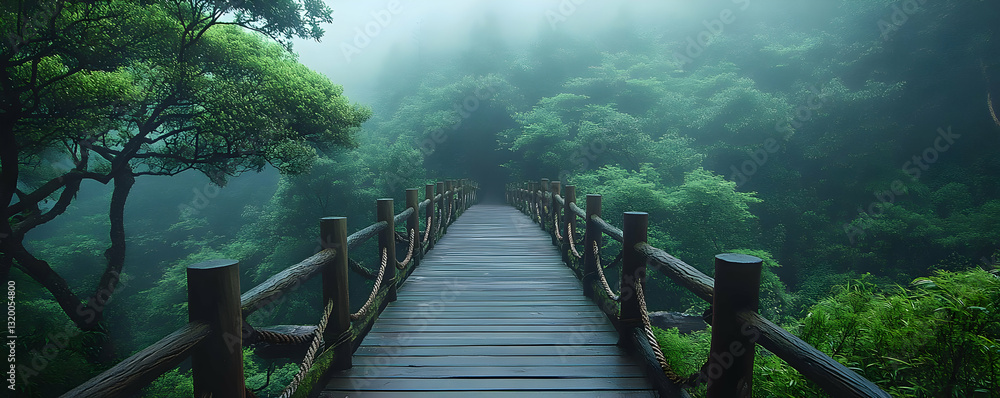 Fototapeta premium Misty forest bridge path. Nature scene