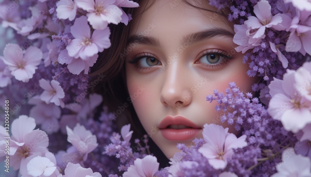Beautiful Young Woman s Face Framed by Delicate Purple Flowers Close up Portrait