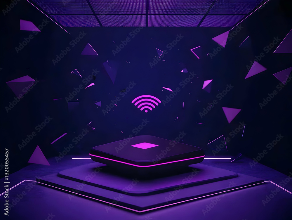 Abstract 3D rendering of a dark purple futuristic device with a wifi symbol, floating geometric shapes, and neon lighting.
