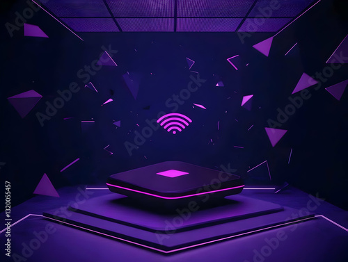 Obraz na płótnie Abstract 3D rendering of a dark purple futuristic device with a wifi symbol, floating geometric shapes, and neon lighting. w salonie