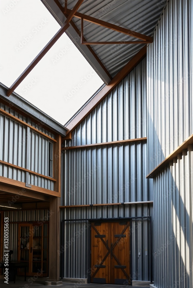 Obraz premium Modern Industrial Architecture with Exposed Metal and Wooden Elements in a Spacious Interior