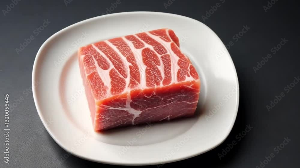 Raw pork loin on white plate on dark background Raw pork loin on white plate on dark background