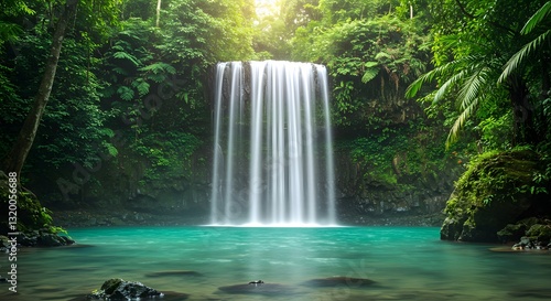 Tropical Waterfall in Lush Green Rainforest - Turquoise Water, Nature Landscape