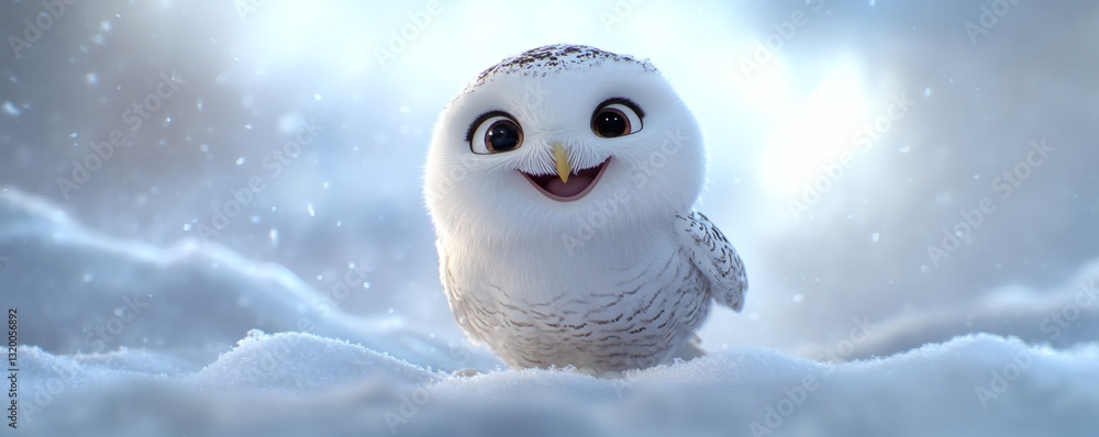 Obraz premium A Cute Smiling Animated Snowy Owl Bird Stands in the Snow