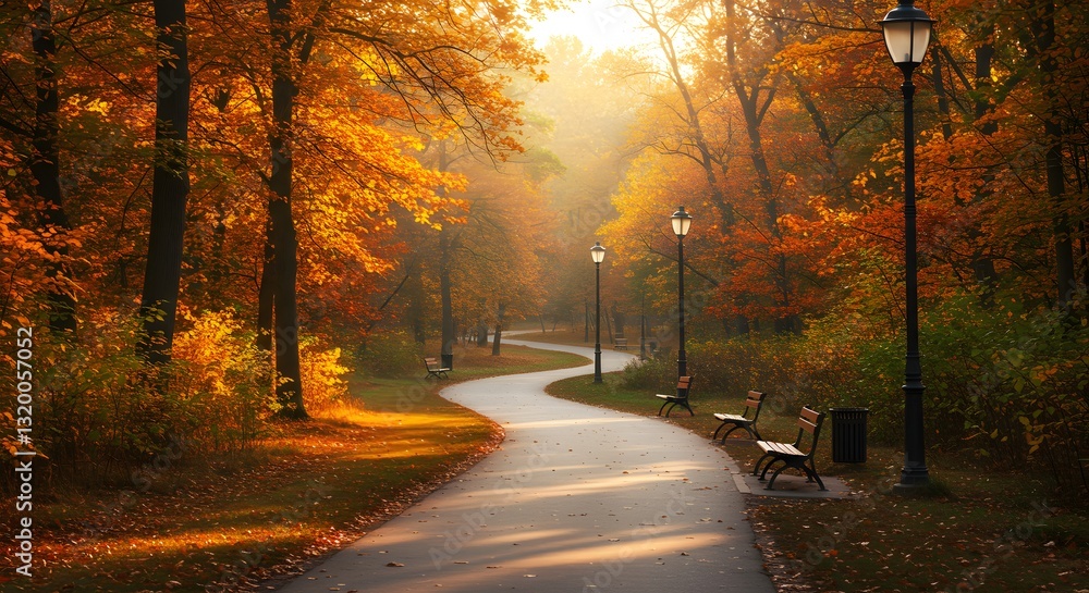 Autumn Park Path with Sunlight, Trees, and Benches - Beautiful Fall Landscape Scenery Autumn Park Path with Sunlight, Trees, and Benches - Beautiful Fall Landscape Scenery
