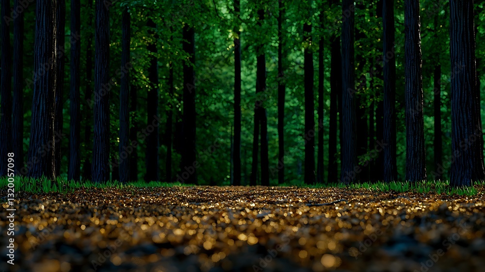 Fototapeta premium Serene forest pathway illuminated by sunlight filtering through lush green trees