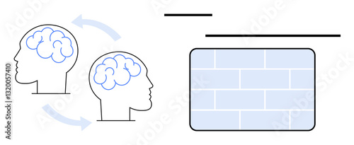 Two heads with visible brains connected by arrows, facing a brick wall. Ideal for creativity, problem-solving, mental challenges, brainstorming, learning obstacles, innovation, abstract thinking