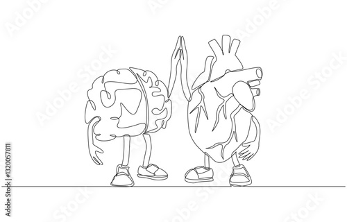 Continuous one line drawing of brain and heart character making high five gesture, brain-heart connection, relationship between mental and physical health concept, single line art