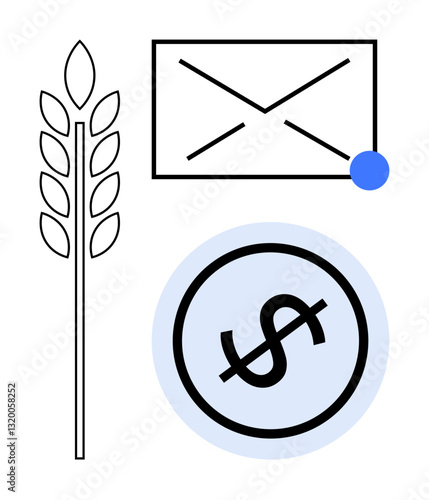 Envelope with notification dot, wheat stem, and dollar symbol in circle. Ideal for finance, economy, agriculture, communication, updates notifications business strategy. Flat simple metaphor