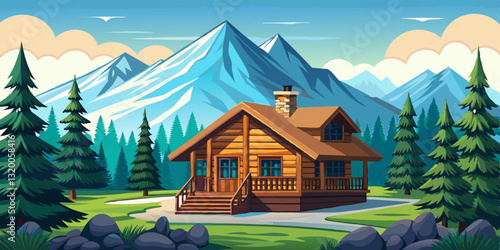 A cozy winter cabin in a snowy forest village