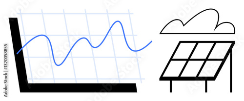 Graph with fluctuating line beside solar panel under cloud. Ideal for sustainability, renewable energy, data analysis, clean energy, green technology, climate issues, performance tracking. Flat