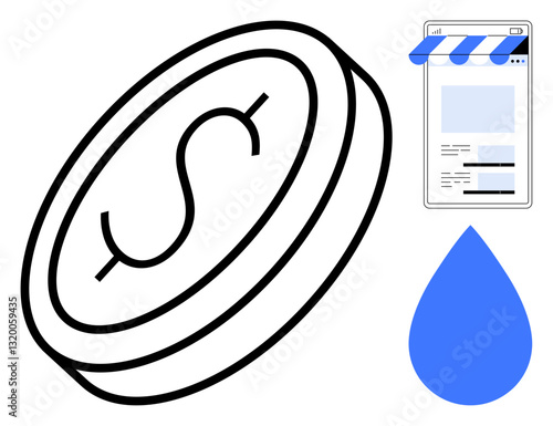 Coin with dollar sign, mobile storefront, and water droplet as abstracted elements. Ideal for ecommerce, shopping, business, sustainability, finance digital marketing innovation. Flat simple